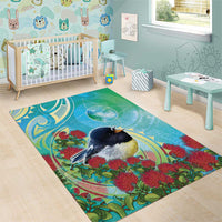 New Zealand Tomtit Area Rug Maori Koru With Pohutukawa Galaxy Style - Polynesian Pride