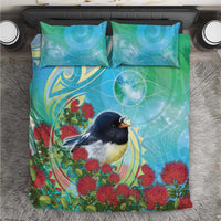 New Zealand Tomtit Bedding Set Maori Koru With Pohutukawa Galaxy Style - Polynesian Pride