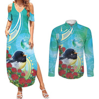 New Zealand Tomtit Couples Matching Summer Maxi Dress and Long Sleeve Button Shirt Maori Koru With Pohutukawa Galaxy Style - Polynesian Pride