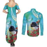 New Zealand Tomtit Couples Matching Summer Maxi Dress and Long Sleeve Button Shirt Maori Koru With Pohutukawa Galaxy Style - Polynesian Pride