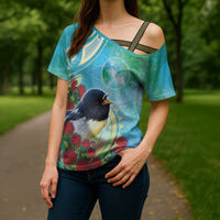 New Zealand Tomtit Cross Shoulder Shirt Maori Koru With Pohutukawa Galaxy Style - Polynesian Pride