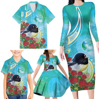 New Zealand Tomtit Family Matching Long Sleeve Bodycon Dress and Hawaiian Shirt Maori Koru With Pohutukawa Galaxy Style - Polynesian Pride