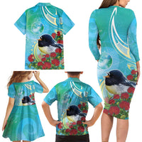 New Zealand Tomtit Family Matching Long Sleeve Bodycon Dress and Hawaiian Shirt Maori Koru With Pohutukawa Galaxy Style - Polynesian Pride