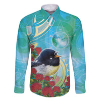 New Zealand Tomtit Family Matching Off The Shoulder Long Sleeve Dress and Hawaiian Shirt Maori Koru With Pohutukawa Galaxy Style - Polynesian Pride