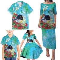 New Zealand Tomtit Family Matching Puletasi and Hawaiian Shirt Maori Koru With Pohutukawa Galaxy Style - Polynesian Pride
