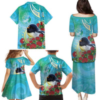 New Zealand Tomtit Family Matching Puletasi and Hawaiian Shirt Maori Koru With Pohutukawa Galaxy Style - Polynesian Pride