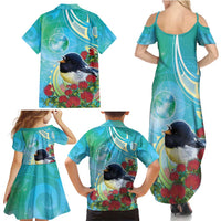 New Zealand Tomtit Family Matching Summer Maxi Dress and Hawaiian Shirt Maori Koru With Pohutukawa Galaxy Style - Polynesian Pride