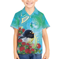 New Zealand Tomtit Kid Hawaiian Shirt Maori Koru With Pohutukawa Galaxy Style - Polynesian Pride