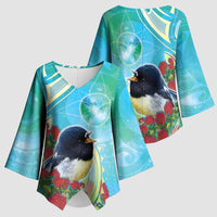 New Zealand Tomtit Kimono Sleeve Blouse Maori Koru With Pohutukawa Galaxy Style - Polynesian Pride