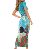 New Zealand Tomtit Short Sleeve Bodycon Dress Maori Koru With Pohutukawa Galaxy Style LT05 - Polynesian Pride