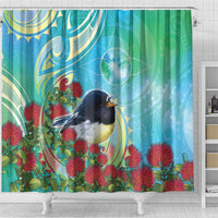 New Zealand Tomtit Shower Curtain Maori Koru With Pohutukawa Galaxy Style - Polynesian Pride