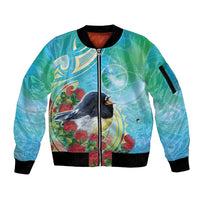 New Zealand Tomtit Sleeve Zip Bomber Jacket Maori Koru With Pohutukawa Galaxy Style - Polynesian Pride