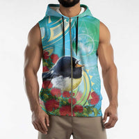 New Zealand Tomtit Sleeveless Zip Hoodie Maori Koru With Pohutukawa Galaxy Style - Polynesian Pride