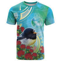 New Zealand Tomtit T Shirt Maori Koru With Pohutukawa Galaxy Style LT05 Aqua - Polynesian Pride