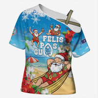 Guam Christmas Cross Shoulder Shirt Felis Pasgua Chilling Santa LT05 Female Blue - Polynesian Pride