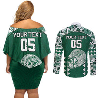 Custom Hawaii Football Couples Matching Off Shoulder Short Dress and Long Sleeve Button Shirt Rainbow Warriors Tropical Vibes - Polynesian Pride