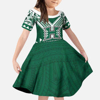 Custom Hawaii Football Family Matching Mermaid Dress and Hawaiian Shirt Rainbow Warriors Tropical Vibes LT05 Daughter's Dress Green - Polynesian Pride