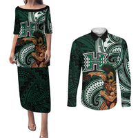 Hawaii Ikaika Warrior Football Couples Matching Puletasi and Long Sleeve Button Shirt Polynesian Tribal Tattoo LT05 Black - Polynesian Pride