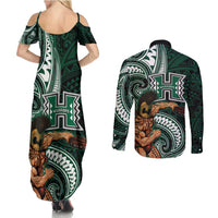 Hawaii Ikaika Warrior Football Couples Matching Summer Maxi Dress and Long Sleeve Button Shirt Polynesian Tribal Tattoo - Polynesian Pride