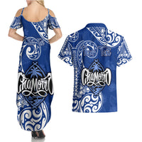 Personalised Hafa Adai Guam History and Chamorro Heritage Day Couples Matching Summer Maxi Dress and Hawaiian Shirt Blue Latte Stone LT05 - Polynesian Pride