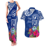 Personalised Hafa Adai Guam History and Chamorro Heritage Day Couples Matching Tank Maxi Dress and Hawaiian Shirt Blue Latte Stone LT05 Blue - Polynesian Pride