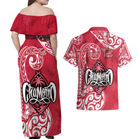 Personalised Hafa Adai Guam History and Chamorro Heritage Day Couples Matching Off Shoulder Maxi Dress and Hawaiian Shirt Red Latte Stone LT05 - Polynesian Pride