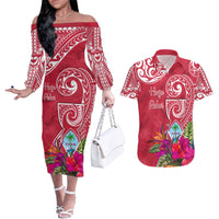 Personalised Hafa Adai Guam History and Chamorro Heritage Day Couples Matching Off The Shoulder Long Sleeve Dress and Hawaiian Shirt Red Latte Stone LT05 Red - Polynesian Pride