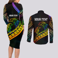 Personalised LGBT History Month Couples Matching Long Sleeve Bodycon Dress and Long Sleeve Button Shirt Proud And Happy Polynesian Dolphin LT05 - Polynesian Pride