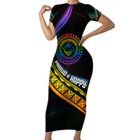 Personalised LGBT History Month Short Sleeve Bodycon Dress Proud And Happy Polynesian Dolphin LT05 Long Dress Black - Polynesian Pride