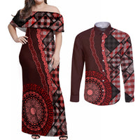 New Zealand Aotearoa Couples Matching Off Shoulder Maxi Dress and Long Sleeve Button Shirt Maori Harakeke Weaving Pattern Red LT05 Red - Polynesian Pride