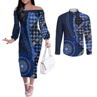 New Zealand Aotearoa Couples Matching Off The Shoulder Long Sleeve Dress and Long Sleeve Button Shirt Maori Harakeke Weaving Pattern Blue LT05 Blue - Polynesian Pride