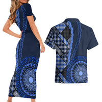 New Zealand Aotearoa Couples Matching Short Sleeve Bodycon Dress and Hawaiian Shirt Maori Harakeke Weaving Pattern Blue LT05 - Polynesian Pride