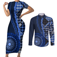 New Zealand Aotearoa Couples Matching Short Sleeve Bodycon Dress and Long Sleeve Button Shirt Maori Harakeke Weaving Pattern Blue LT05 Blue - Polynesian Pride