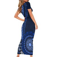 New Zealand Aotearoa Short Sleeve Bodycon Dress Maori Harakeke Weaving Pattern Blue LT05 - Polynesian Pride
