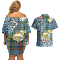 Personalised Hawaii State Couples Matching Off Shoulder Short Dress and Hawaiian Shirt Tropical Flowers With Tartan Pattern LT05 - Polynesian Pride