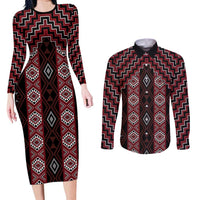 New Zealand Aotearoa Couples Matching Long Sleeve Bodycon Dress and Long Sleeve Button Shirt Red Poutama With Taniko Pattern LT05