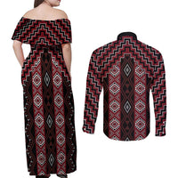 New Zealand Aotearoa Couples Matching Off Shoulder Maxi Dress and Long Sleeve Button Shirt Red Poutama With Taniko Pattern LT05