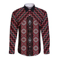 New Zealand Aotearoa Long Sleeve Button Shirt Red Poutama With Taniko Pattern LT05