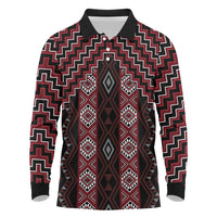 New Zealand Aotearoa Long Sleeve Polo Shirt Red Poutama With Taniko Pattern LT05