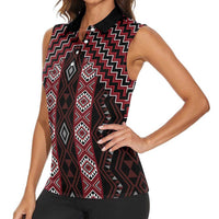 New Zealand Aotearoa Women Sleeveless Polo Shirt Red Poutama With Taniko Pattern LT05