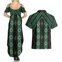 New Zealand Aotearoa Couples Matching Summer Maxi Dress and Hawaiian Shirt Green Poutama With Taniko Pattern LT05