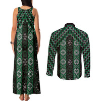New Zealand Aotearoa Couples Matching Tank Maxi Dress and Long Sleeve Button Shirt Green Poutama With Taniko Pattern LT05