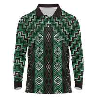 New Zealand Aotearoa Long Sleeve Polo Shirt Green Poutama With Taniko Pattern LT05