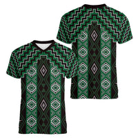 New Zealand Aotearoa Women V-Neck T-Shirt Green Poutama With Taniko Pattern LT05