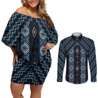 New Zealand Aotearoa Couples Matching Off Shoulder Short Dress and Long Sleeve Button Shirt Blue Poutama With Taniko Pattern LT05