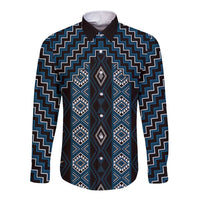 New Zealand Aotearoa Long Sleeve Button Shirt Blue Poutama With Taniko Pattern LT05