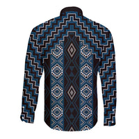 New Zealand Aotearoa Long Sleeve Button Shirt Blue Poutama With Taniko Pattern LT05