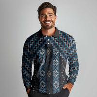 New Zealand Aotearoa Long Sleeve Polo Shirt Blue Poutama With Taniko Pattern LT05