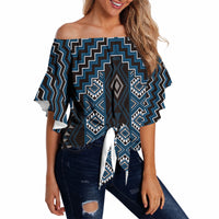 New Zealand Aotearoa Off Shoulder Wrap Waist Top Blue Poutama With Taniko Pattern LT05 - Polynesian Pride