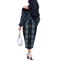New Zealand Aotearoa Off The Shoulder Long Sleeve Dress Blue Poutama With Taniko Pattern LT05 - Polynesian Pride